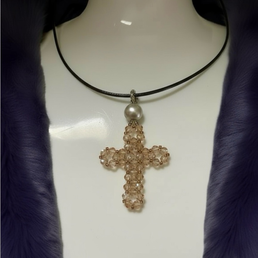 Beaded Champagne Cross Pendant Necklace (Handmade) - Picture 2 of 3